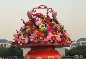 花籃雕塑-天安門春節(jié)玻璃鋼彩繪歡度國(guó)慶花籃雕塑