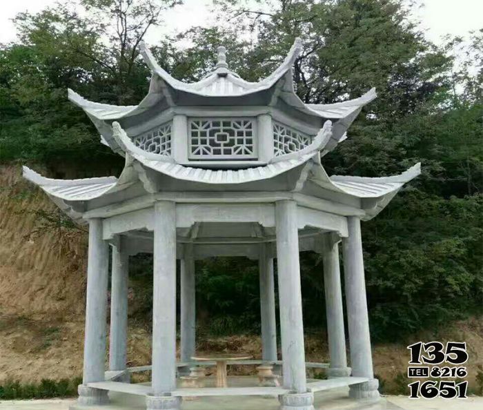 涼亭雕塑-景點大理石鏤空雙層寶頂休息區涼亭座椅高清圖片