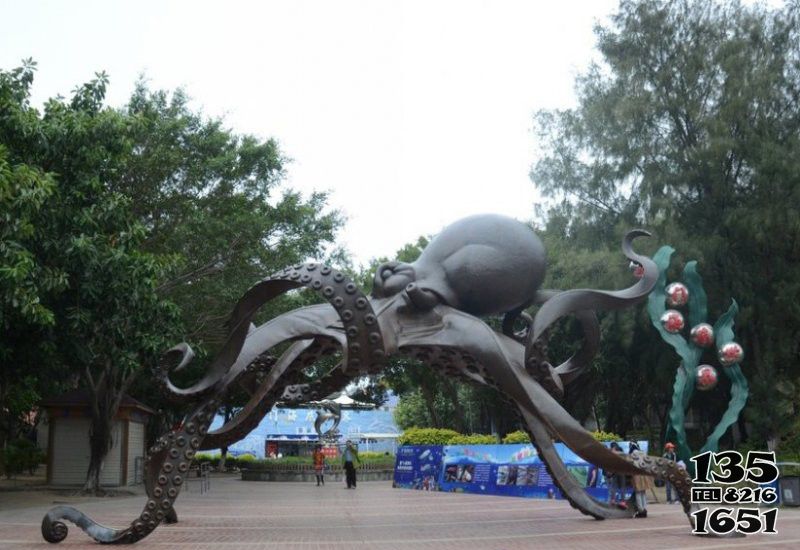 章魚(yú)雕塑-公園里擺放的黑色不銹鋼創(chuàng)意雕塑高清圖片