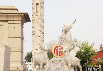 三陽(yáng)開泰雕塑-廣場(chǎng)漢白玉石雕浮雕吉祥招財(cái)三陽(yáng)開泰雕塑