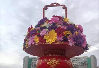 花籃雕塑-戶外景區(qū)廣場(chǎng)玻璃鋼彩繪迎接國(guó)慶大花籃雕塑