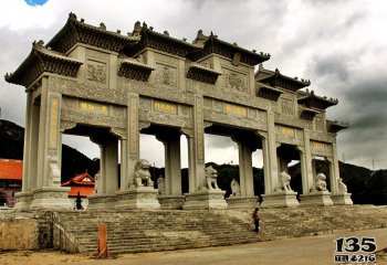 牌坊雕塑-寺院景區復式斗拱五門石雕牌樓坊