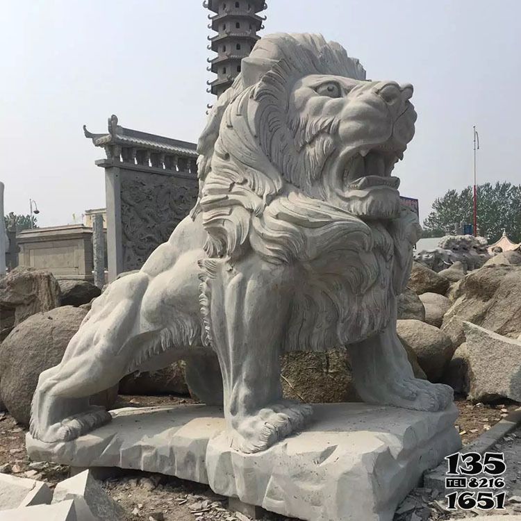 獅子雕塑-公園大理石石雕大象仿真瑞獸吼叫的獅子雕塑高清圖片