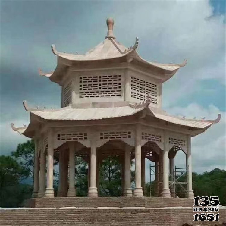 涼亭雕塑-大型廣場(chǎng)擺放雙層鏤空大理石涼亭景觀雕塑高清圖片