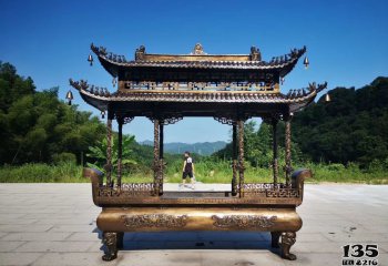 香爐雕塑-大型寺廟景區擺放二層鏤空鑄銅浮雕香爐雕塑