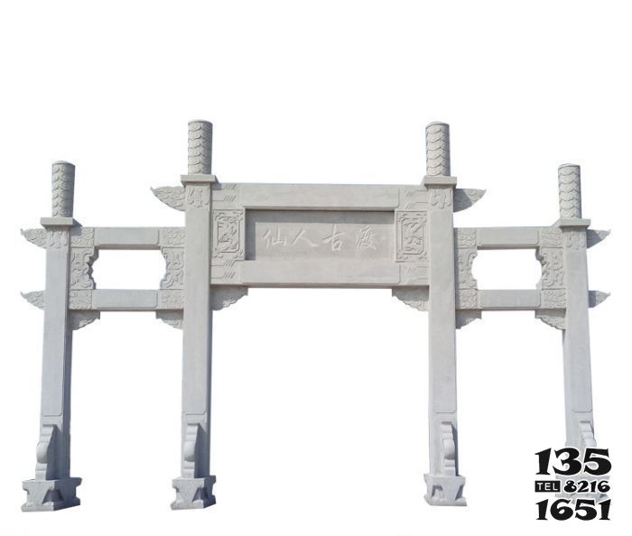 牌坊雕塑-陵園門口三門簡易大理石雕牌坊高清圖片