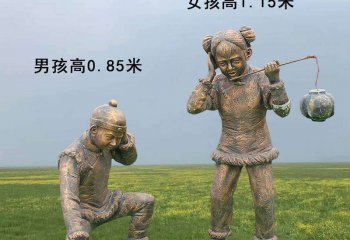 放鞭炮雕塑-古代人物銅雕兒童放鞭炮雕塑