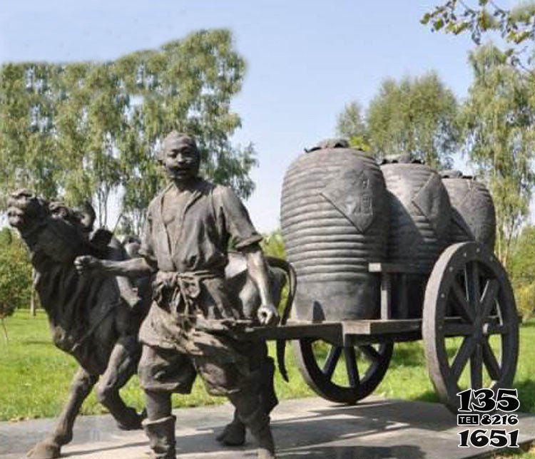 缸雕塑-公園駕著牛車拉酒缸的古代人物小品銅雕缸雕塑高清圖片