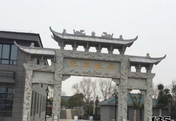 牌坊雕塑-陵園青石浮雕三門牌樓石雕