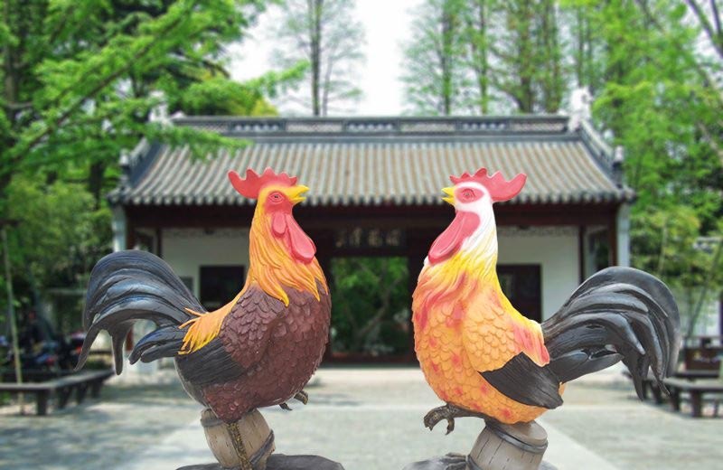 彩繪仿真公雞-玻璃鋼彩繪仿真公雞動物雕塑-適用于公園/小區/園林/農家院等處的動物雕塑高清圖片